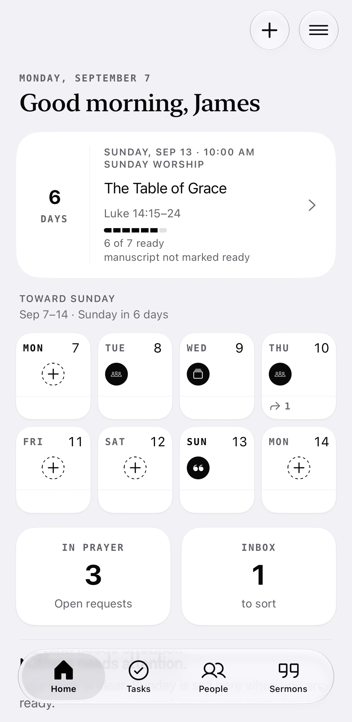 Home on iPhone: Good morning, James, six days to Sunday, and the week toward Sunday.