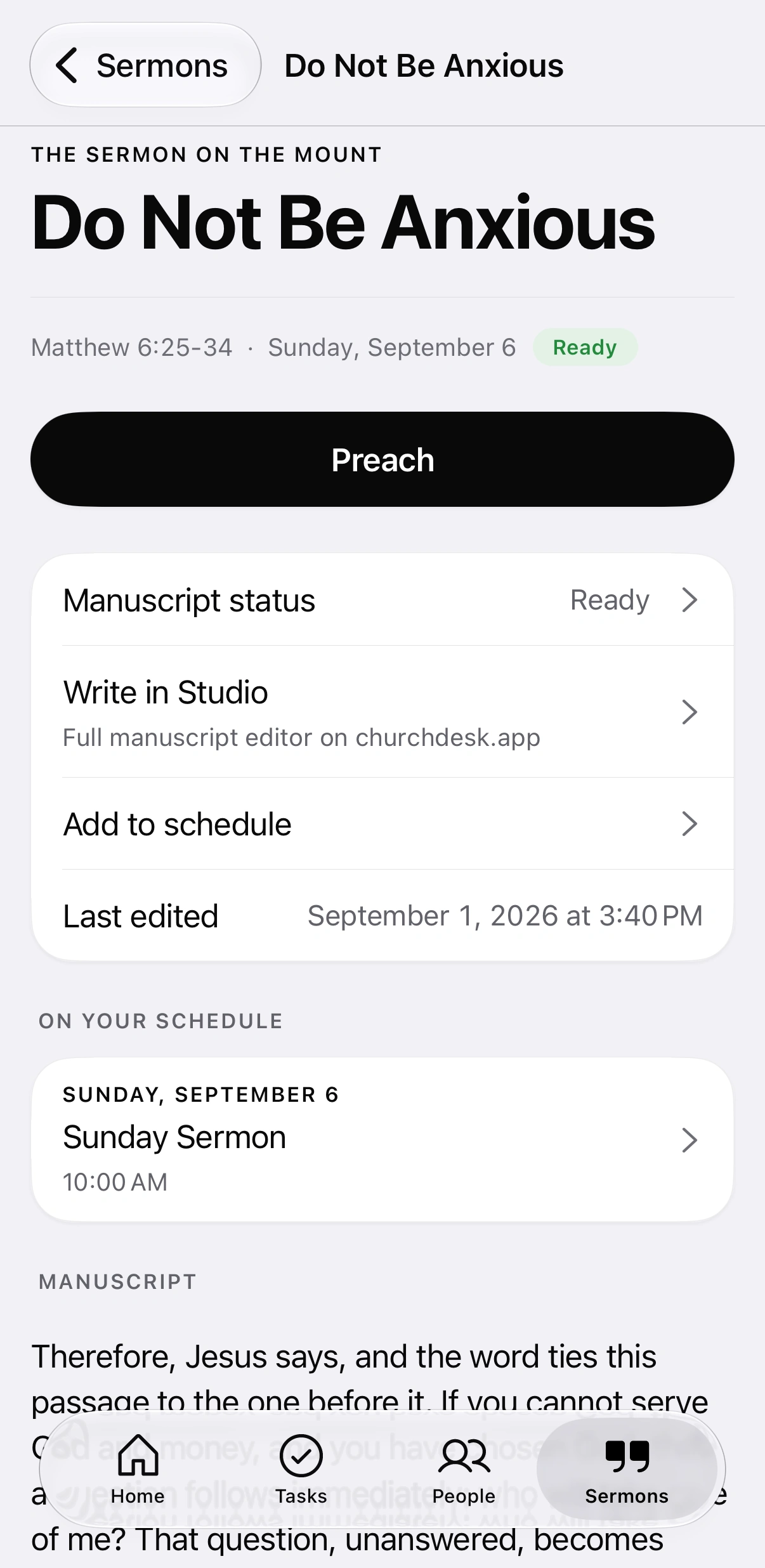 A sermon on iPhone: Do Not Be Anxious, Matthew 6:25–34, marked Ready, with a Preach button.