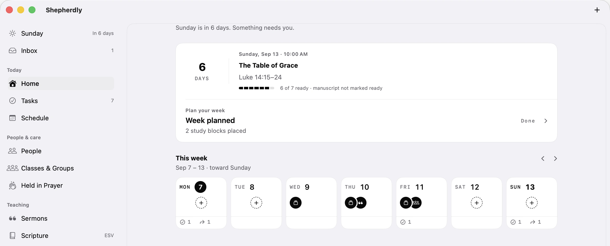 Home on Mac: six days to Sunday, The Table of Grace in preparation, and the week laid out toward Sunday.