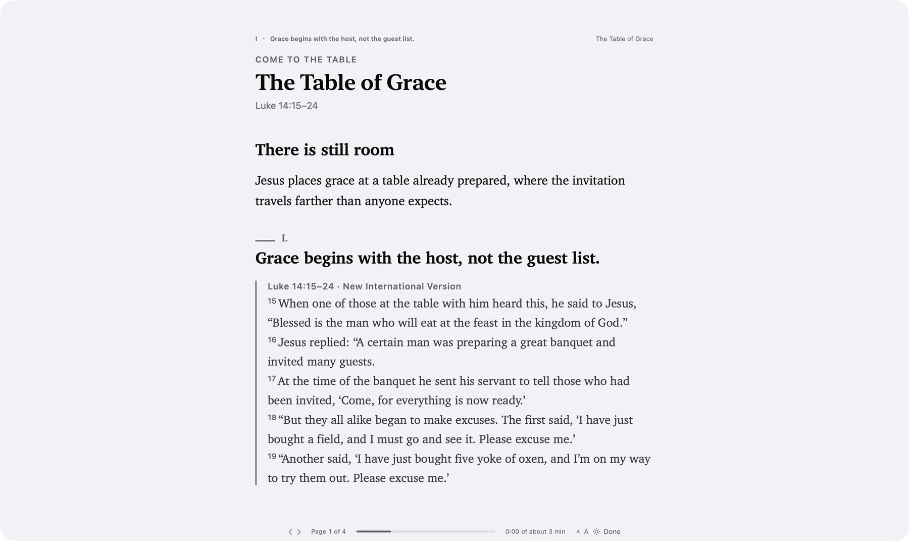 The preaching view on Mac: The Table of Grace, page one of four, with Luke 14 set for reading aloud.
