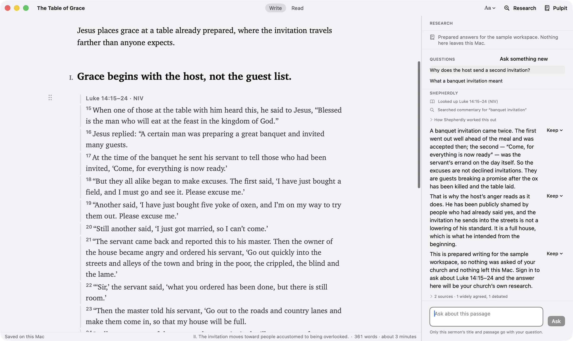 Sermon Studio on Mac: The Table of Grace manuscript on Luke 14, with research answers beside it, each waiting to be kept.