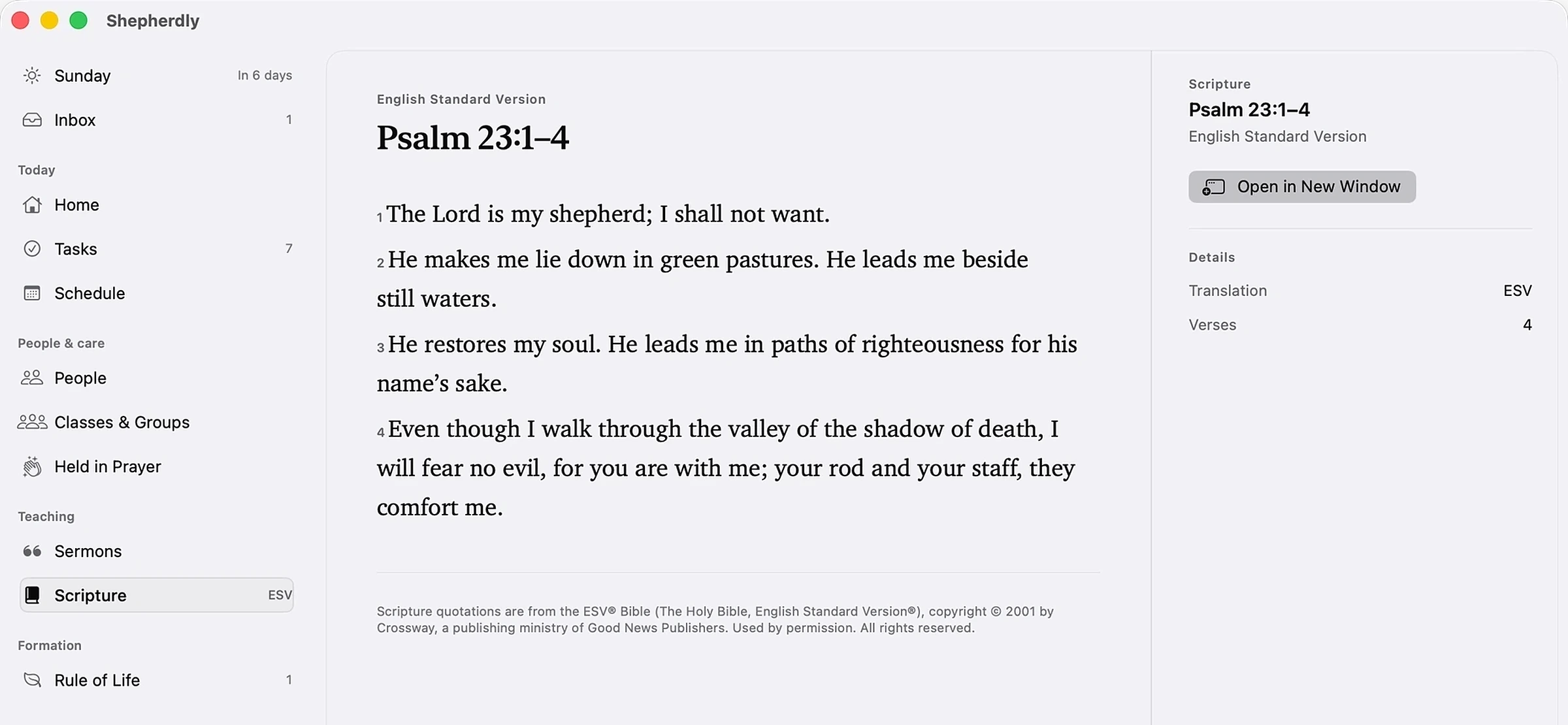 Scripture on Mac: Psalm 23:1–4 in the English Standard Version, with translation details.